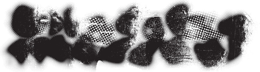 Glitch distorted grange shape . Noise grungy logo . Trendy defect error shapes . Glitched frame .Grunge textured . Distressed effect .Vector shapes with a halftone dots screen print texture.