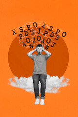 Photo collage picture of shocked guy closed ears having many thoughts isolated orange color background