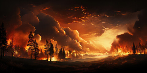 Illustration, Forest fire, wildfire landscape natural disaster background banner panorama - Burning flames with smoke development and black silhouette of forest trees and firefighters