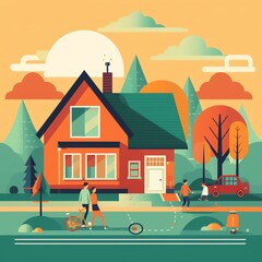 a house with trees and people walking on the street