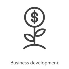 Outline style ui icons hard skill collection. Finance and business. Vector black linear icon illustration. Plant with dollar business development and investment symbol isolated on white background.