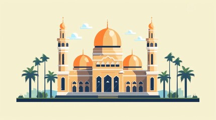 a building with towers and a palm tree