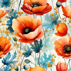 Delicate seamless pattern with poppies. Watercolor illustration. Natural and vibrant repeated print for textile, wallpaper. AI