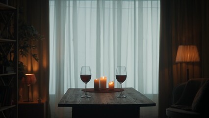 The concept of dating, joint recreation. Romantic evening. Candles are burning on the table next to glasses of red wine, against the background of the window.