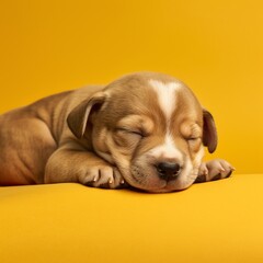 a puppy sleeping on a yellow surface