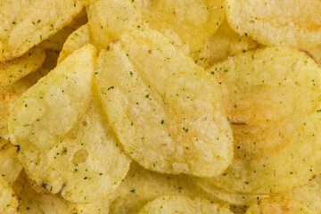 Prepared potato chips snack closeup view