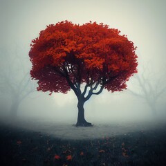 a tree with red leaves in the middle of a foggy field