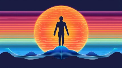 a man standing on a mountain with a sun behind him