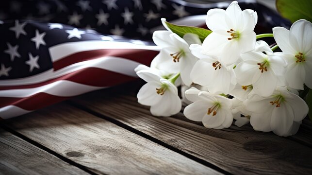USA Independence day celebration white flower wooden table cinematic
