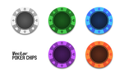 Poker chips in different color. White, green, blue, purple and orange chips on white background. Vector illustration. © Igor