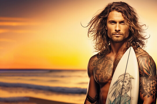 AI generated image of attractive male with surf board