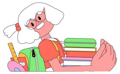 Girl from to elementary or middle school. Happy pupil or preschooler hold books banner, poster, placard. Child with backpack and study supplies. Back to school concept for banner, web page or poster.