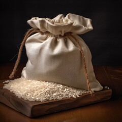 a bag of rice on a cutting board