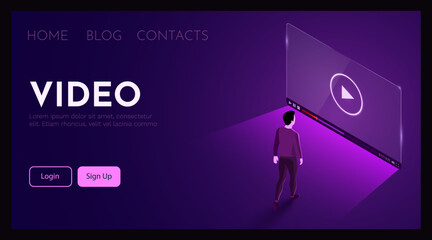 Man stands in front of video player. Online education concept. © hobbitfoot