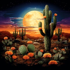 a cactus in a desert with a full moon