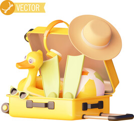 Vector icon. Open suitcase packed with travel accessories. Tourist suitcase for beach vacation. Traveler bag, flippers, float, beach ball and sunglasses - 621835876