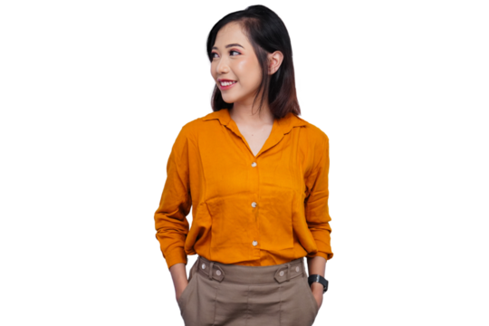 Asian Woman Smiling and Looking Sideways in Office