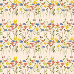 Trendy seamless botanical meadow flowers print. Floral seamless ornament of grass meadows. Botanical  Aerial flora pattern with meadow herbs and medium-sized flowers, thin stems, graceful fragile