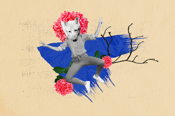 Collage picture of black white colors person dog head jumping demonstrate v-sign fresh flower...