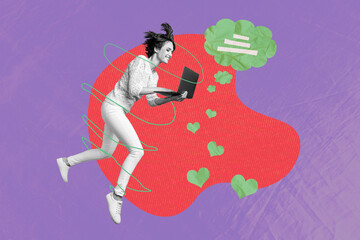 Collage composite art lovely girl hold netbook receive sms heart dating agency find for her new...