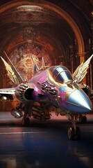 scifi cinematic, ornate embellished lavish colorful rococo f18 fighter jet on runway