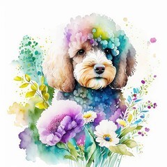 Cute poodle wild flowers watercolor on white background.