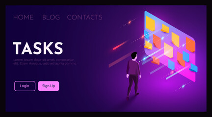 Man stands in front of task board. Business process organization concept.