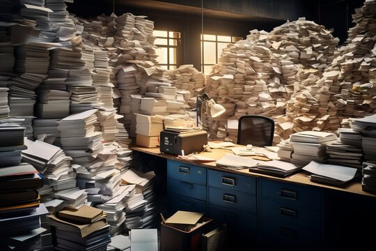 Piles of paperwork and folders in office room. The concept of workaholism, an emergency at work. 