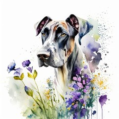 Great dane dog and wild flowers watercolor on white background.