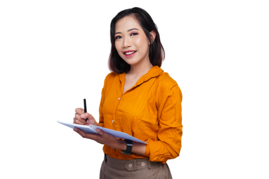 Asian Woman Writing Book in Office