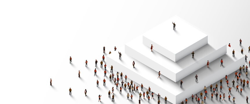 Large group of people stand around a step pyramid.