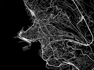 Vector road map of the city of  Trieste in the Italy with white roads on a black background.
