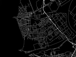 Vector road map of the city of  Fiumicino in the Italy with white roads on a black background.