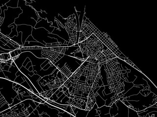 Vector road map of the city of  Pesaro in the Italy with white roads on a black background.
