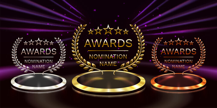 Awards nomination name podium, awards golden prize event, first place, second place, third place, scene star ceremony. Vector illustration
