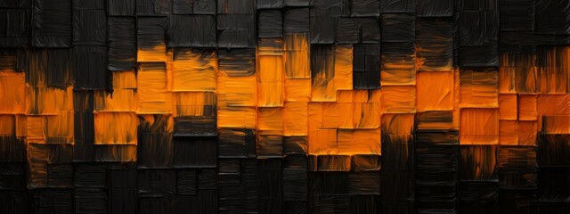 Closeup of abstract rough dark orange black art painting texture, with oil acrylic brushstroke, pallet knife paint on canvas, geometric spatula technique with rectangles (Generative Ai)