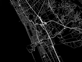 Vector road map of the city of  Viareggio in the Italy with white roads on a black background.