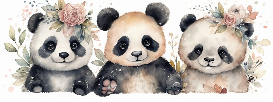 Baby pandas watercolor illustration. Generative AI