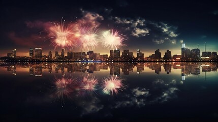 Fototapeta premium Fireworks over a city. Generative AI