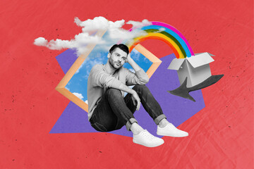 Collage picture of unsatisfied black white colors guy photo frame carton box rainbow clouds sky...