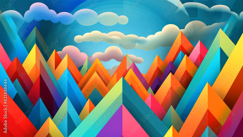 Poster abstract background with colorful mountains and clouds. generative ai