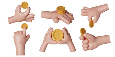 3d hand with golden coins set. The concept of a sale with a dollar sign. Mobile banking service, cashback. icon isolated on gray background. 3d rendering illustration. Clipping path.
