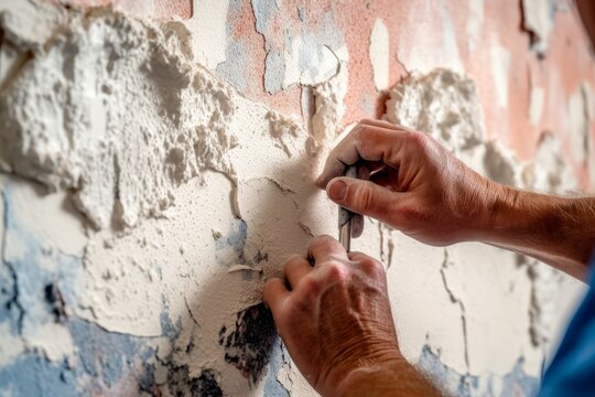 Painter preparing a wall for painting, featuring activities such as sanding, filling cracks, and applying primer, highlighting the importance of proper surface preparation. Generative Ai