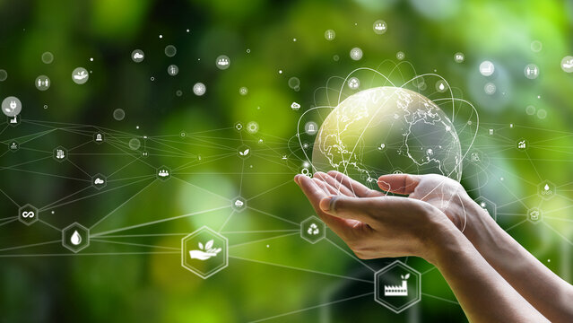 ESG icon concept. Environment, society and governance. Energy of natural gas sustainable and ethical business on network connection on green background.