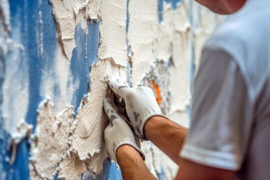 Painter preparing a wall for painting, featuring activities such as sanding, filling cracks, and applying primer, highlighting the importance of proper surface preparation. Generative Ai