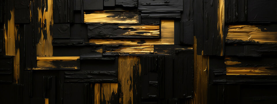 Closeup of abstract rough dark gold black art painting texture, with oil acrylic brushstroke, pallet knife paint on canvas, geometric spatula technique with rectangles (Generative Ai)