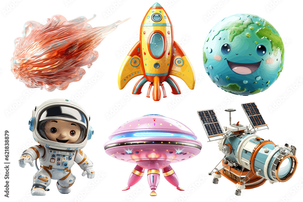 Poster a set of 3d objects astronaut, planet, satellite, rocket, ufo, comet isolated on a white background.