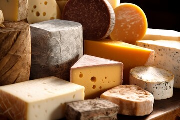 A close-up image highlighting a selection of artisanal cheeses, with various textures, colors, and shapes, conveying a sense of craftsmanship and quality. Generative Ai