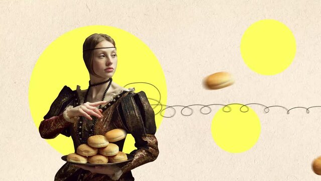 Stop motion, animation. Young, elegant, beautiful girl in vintage costume, dress holding burger buns against light background. Concept of comparison of eras, creativity, nutrition. Banner