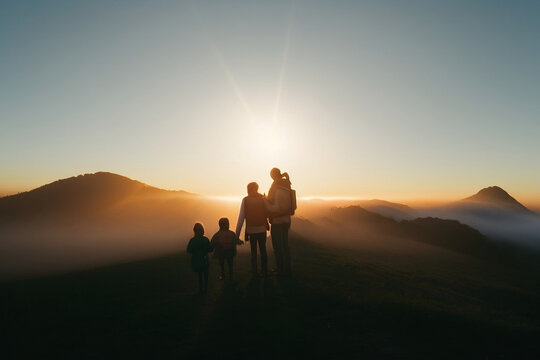 family above the clouds sunset silhouette 